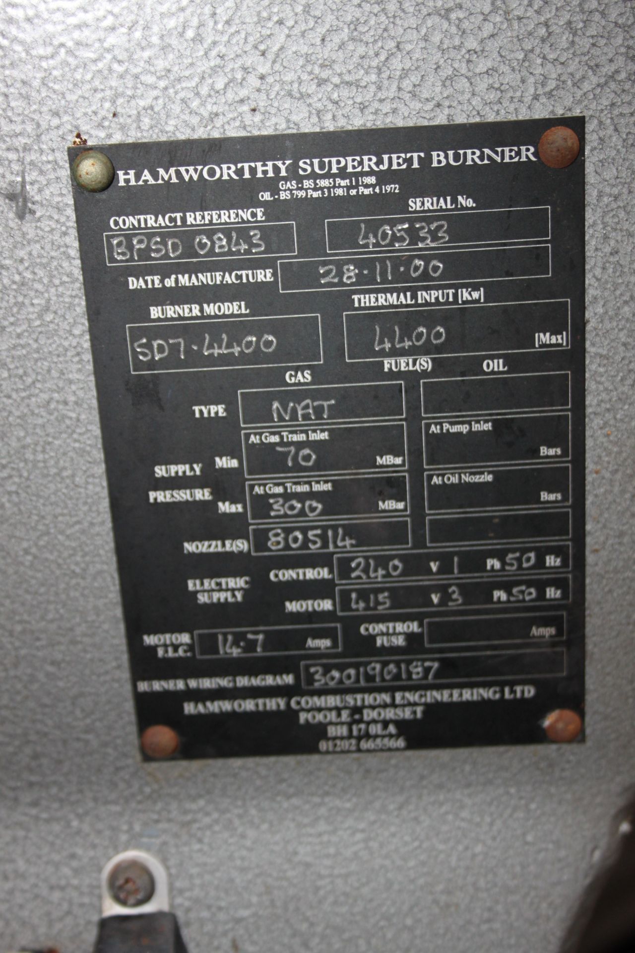 EDWIN DANKS TWIN BURNER BOILER C/W TWIN HAMWORTH SUPERJET SD 7.4400 BURNERS, DUEL FUEL IMPUT - Image 3 of 3