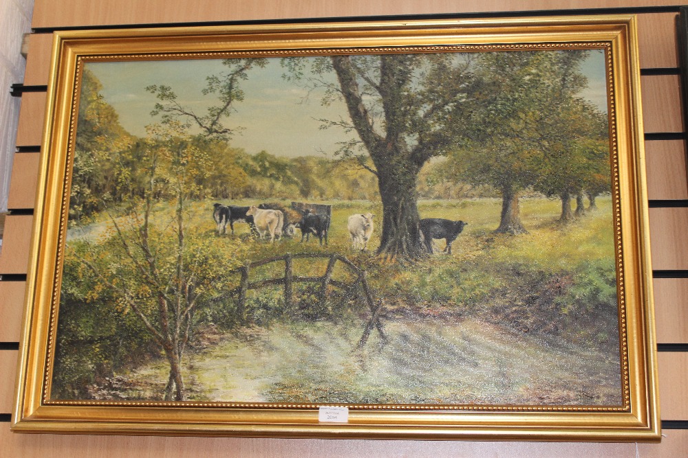 A good sized painting C H Barrow 1978 of Cattle in pasture by a pond