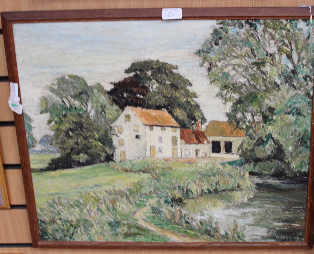 An oil on canvas signed K. Johnson, farm by the river