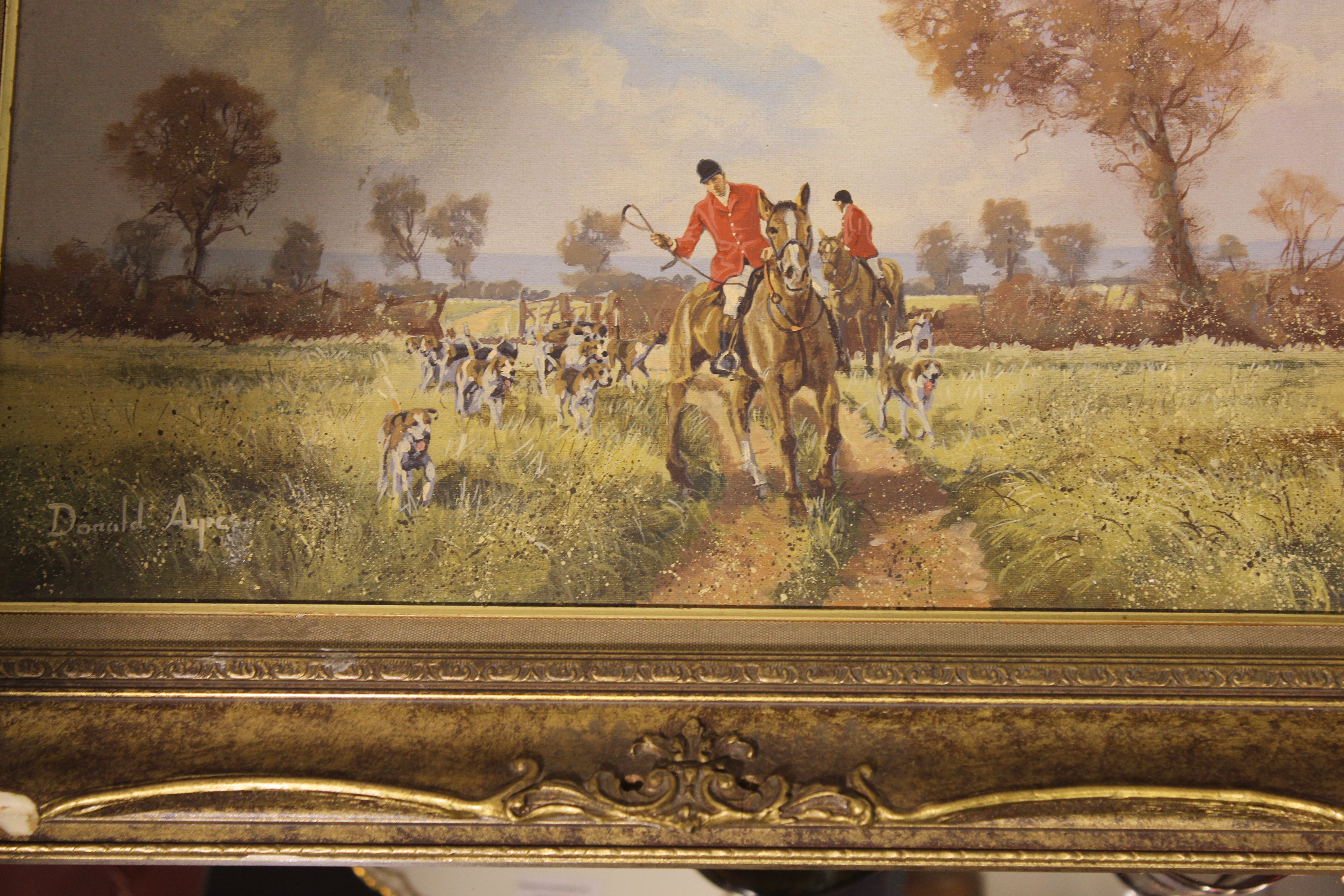 Donald Ayres, huntsman & hounds in an autumnal landscape, oil on canvas, signed lower left, 29cm x