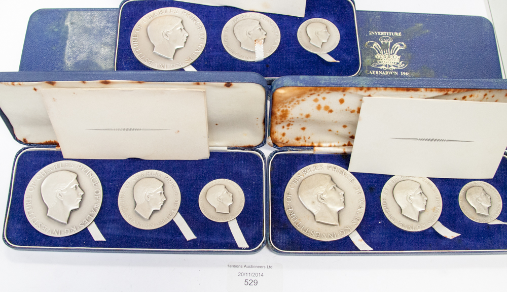 Investiture of Prince Charles as Prince of Wales, five cased set of three medals by John Pinches