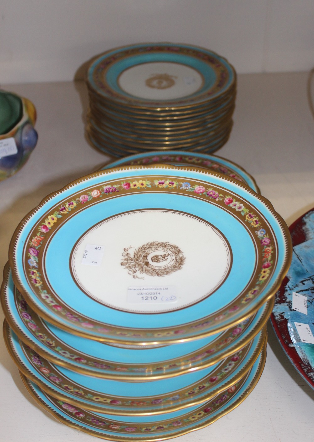 A late Victorian Cauldron part dinner set, comprising 18 dessert plates and four low comports, all