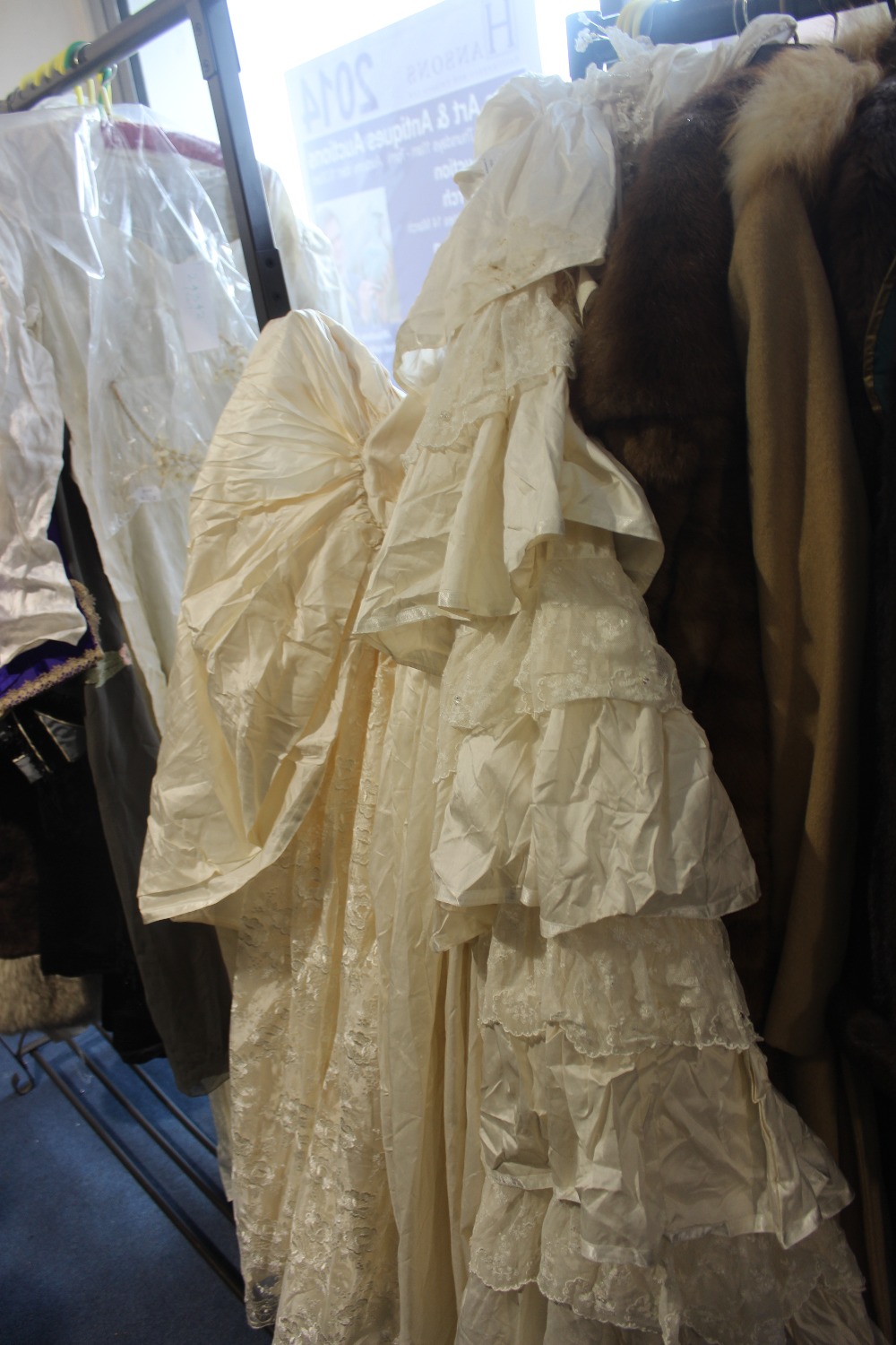 A 1990's Princess Diana style wedding dress, train, long train cream synthetic silk (3 pieces)