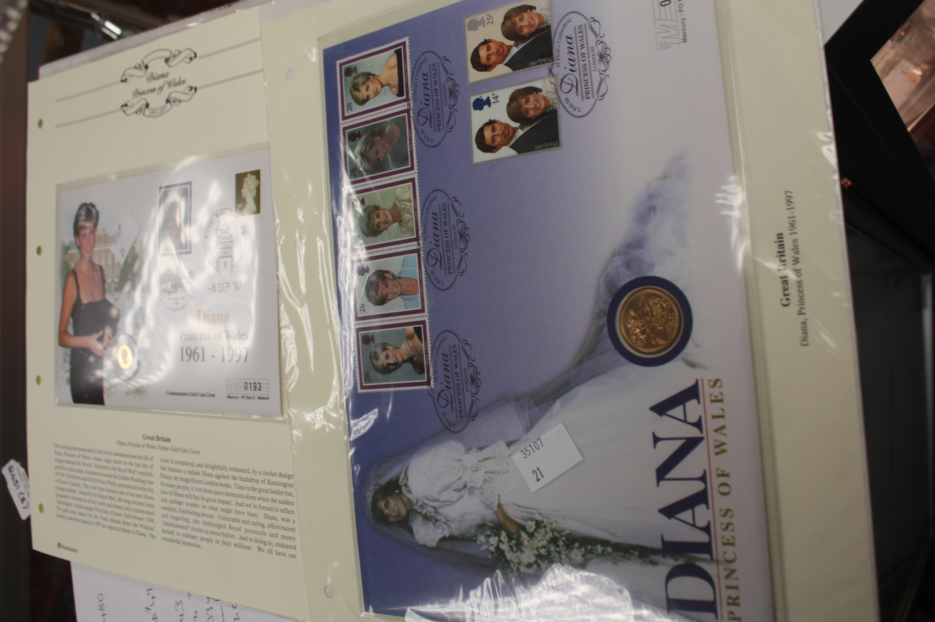 Princess Diana coin/stamp cover x 3, gold sovereign 1981 (No. 150) silver proof five pounds 1997 (
