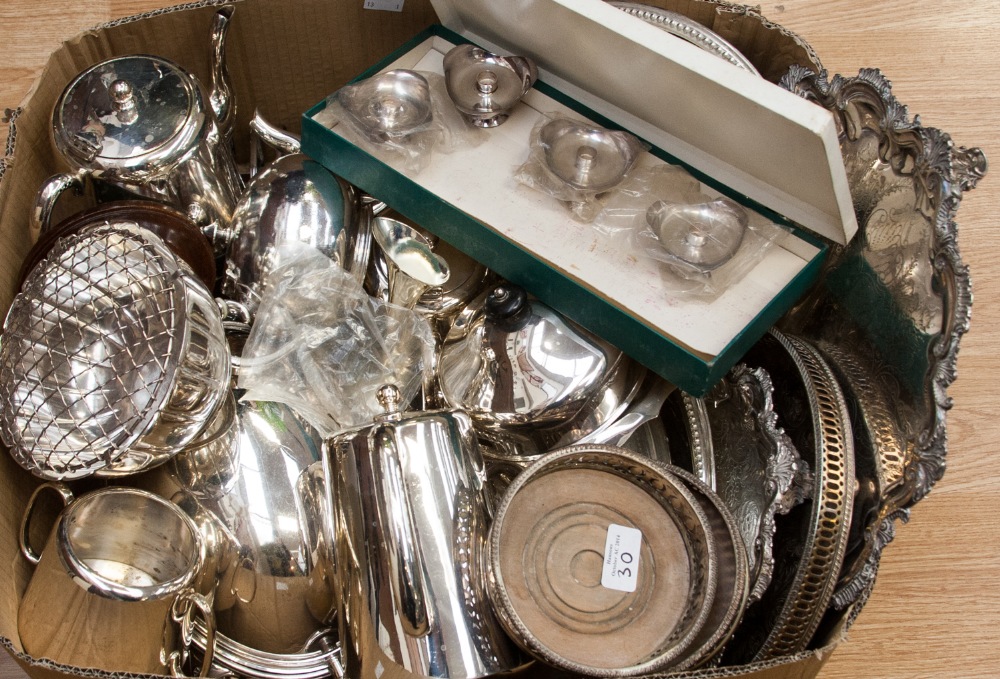 A large quantity of assorted plated ware, including tureens, muffin dish, trays, teapots, rose bowl,