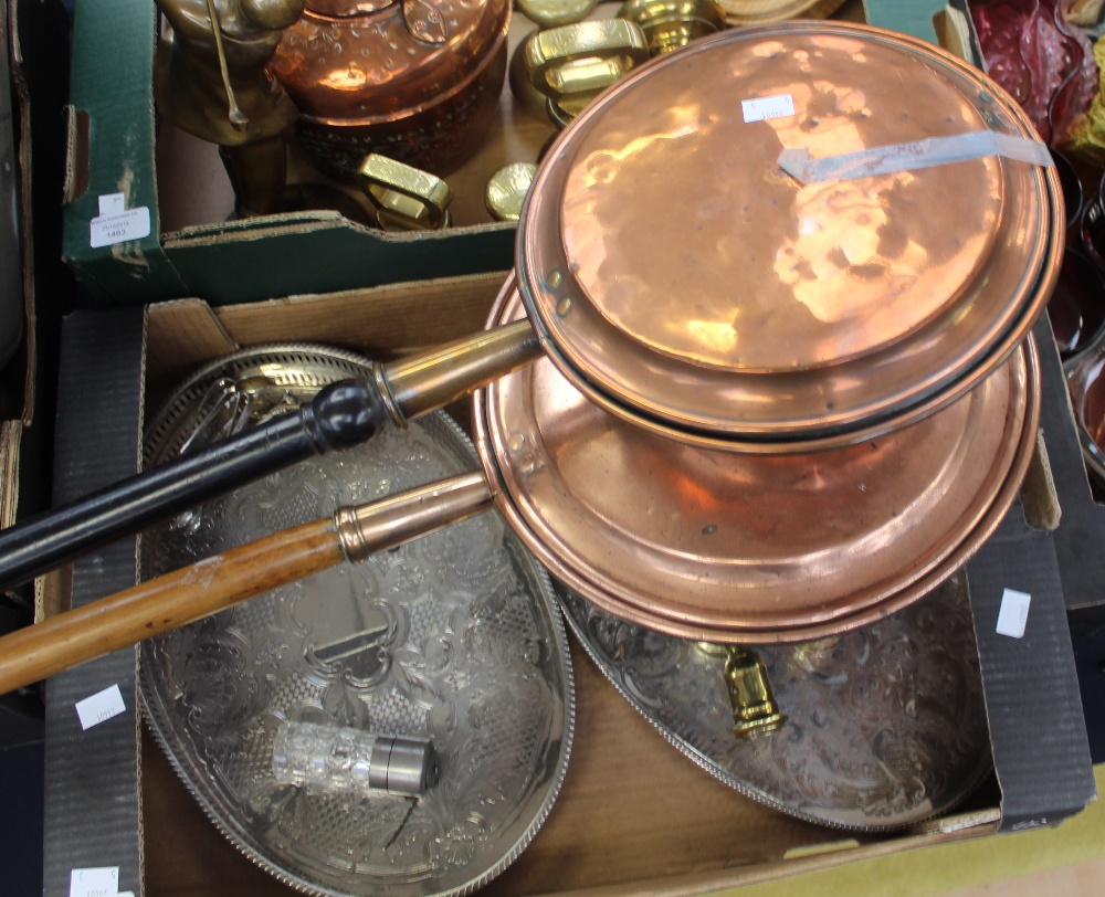 A quantity of metal wares, including two 19th century copper warming pans, a brass bell,