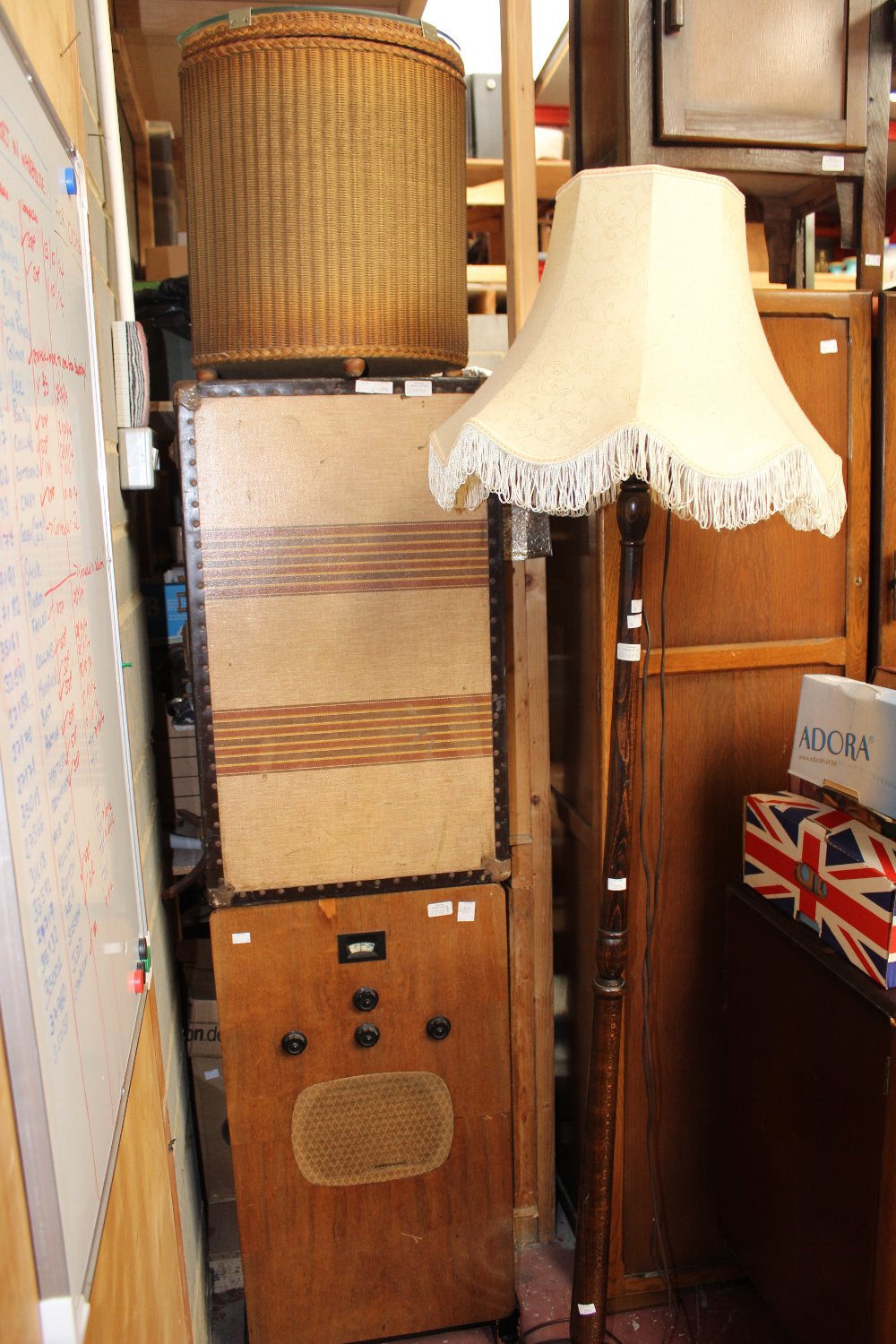 An oak sideboard, a standard lamp, a 1940's radio and a travelling trunk, (4)