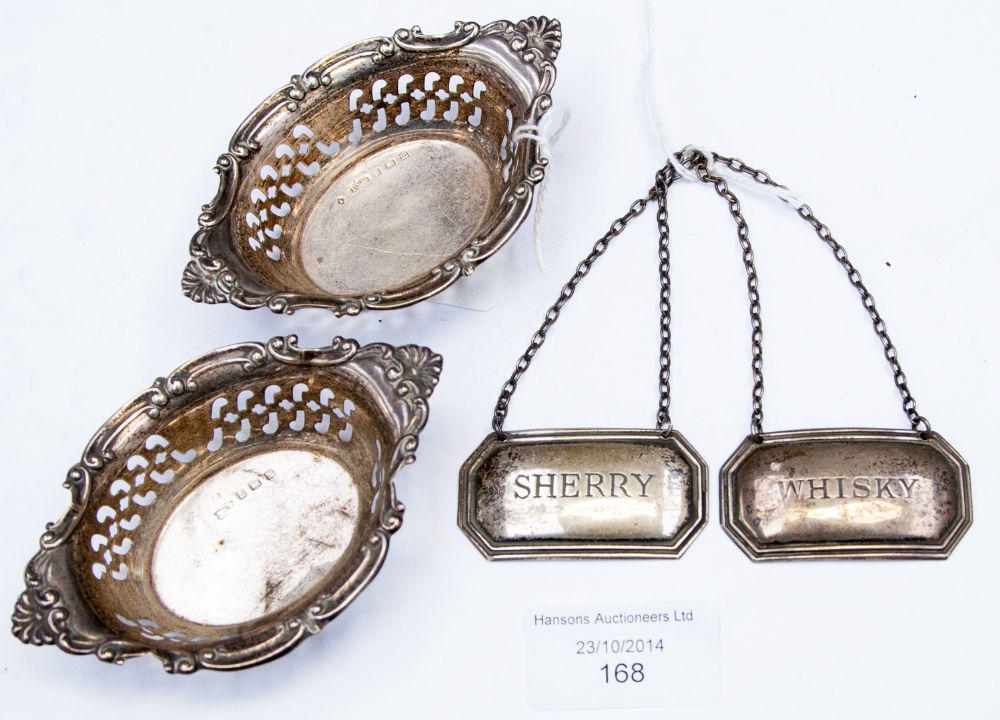 A pair of modern silver decanter labels of rectangular form, 'Whisky' and 'Sherry' maker FH,