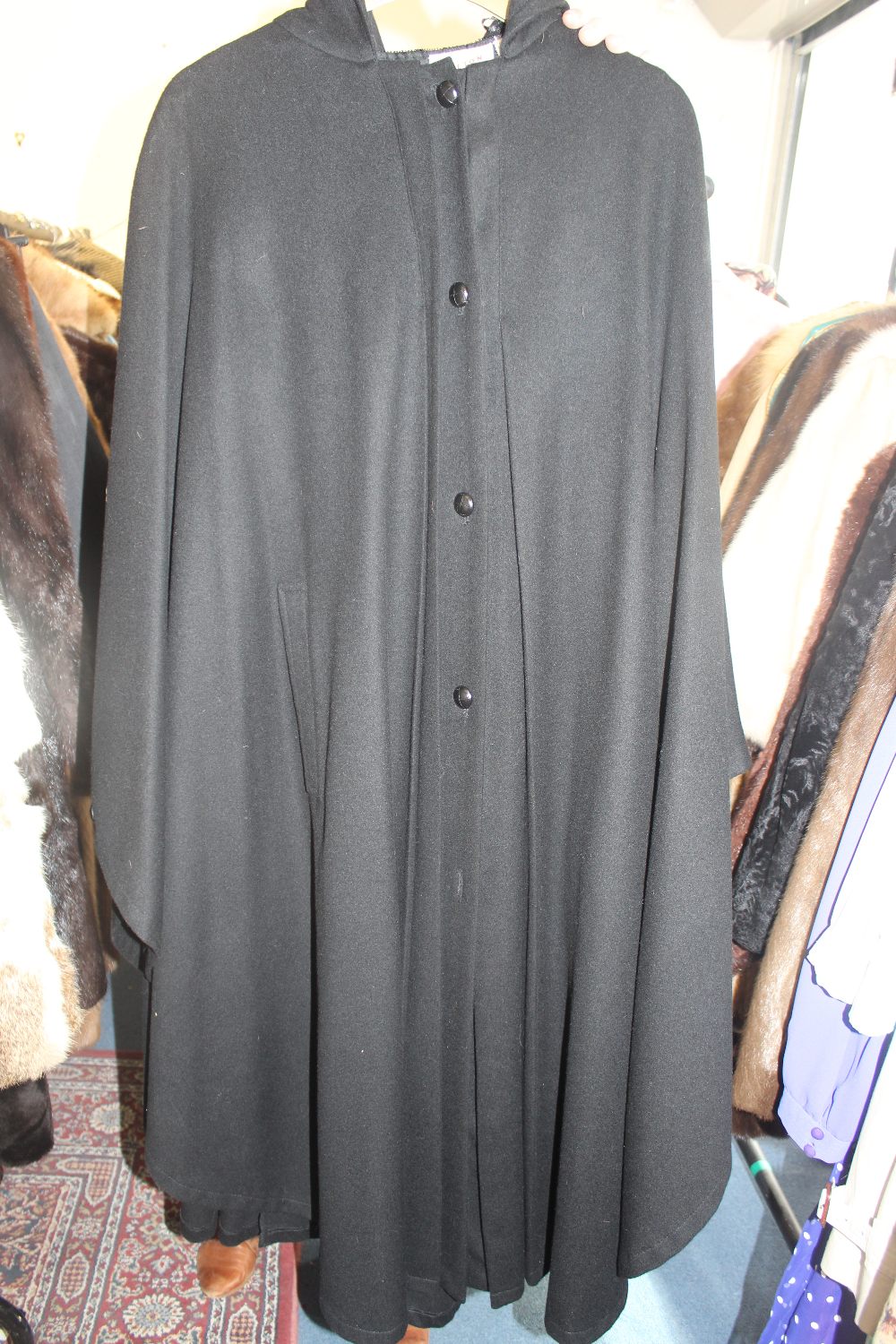 Black Jersey dress with back slit & front slit early 1970's and silk knit tunic coat over turtleneck