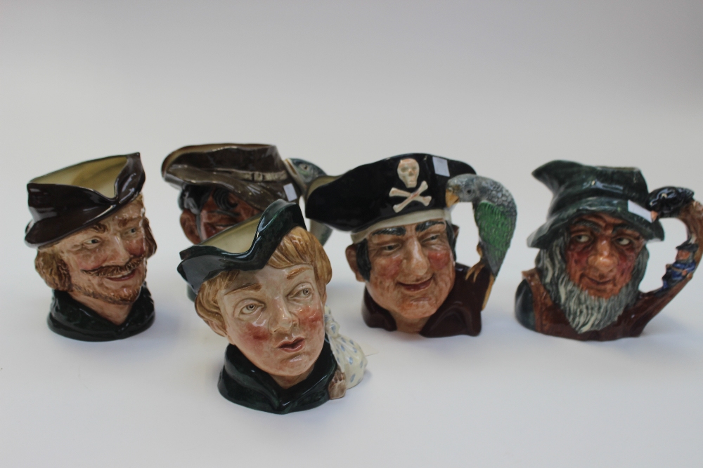 Five Royal Doulton character jugs, Rip Van Winkle, 6438, The Poacher, 6429, Long John Silver,