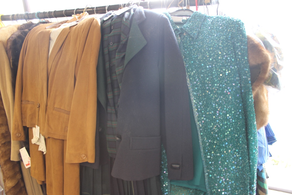 Sequin teal evening jacket with top and skirt (3) by Frank Usher, Navy / green jacket, black watch