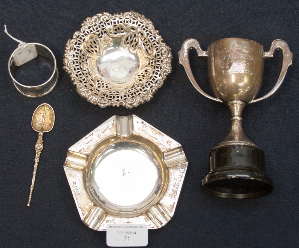 A silver bon bon dish, marks rubbed, together with a silver ashtray, napkin ring, trophy cup and