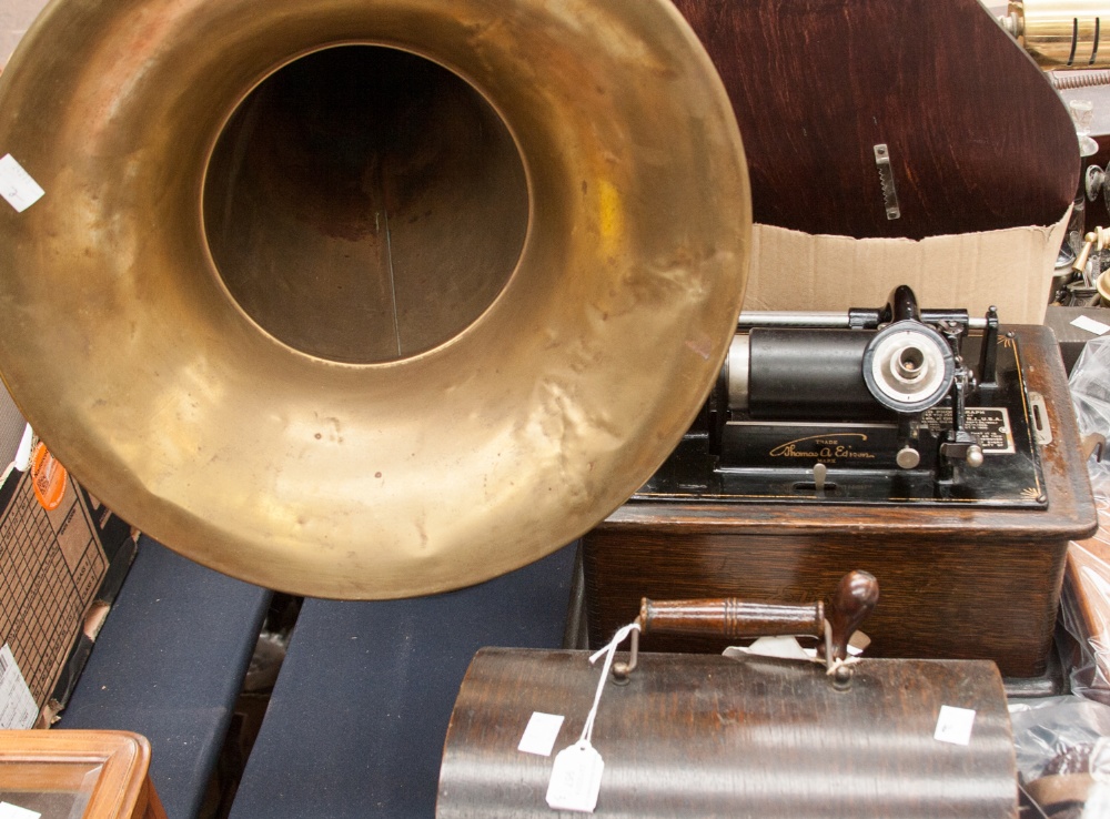 An Edison standard phonograph 580478, with handle and large horn with stand