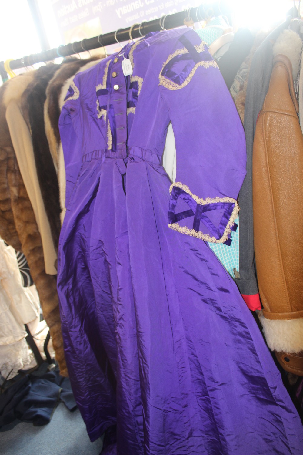 One purple silk taffeta Victorian dress and belt in amazing condition, 1870s