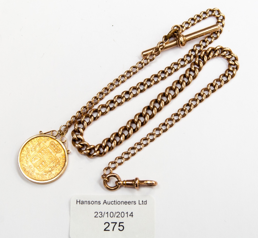 An 1866 shield back sovereign, in mount on watch chain, 35.8g gross