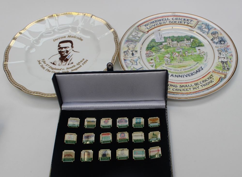 Eighteen major country badges Crown Derbys Devon Malcolm plate  wombwell fifty tear anniversary