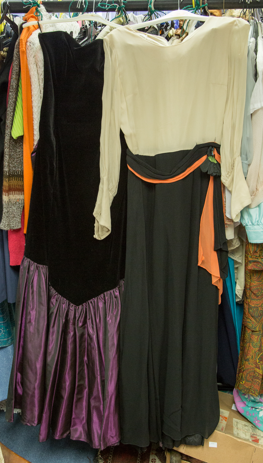 A Laura Ashley 1980s black velvet strapless dress with a short purple taffeta skirt, crepe cream