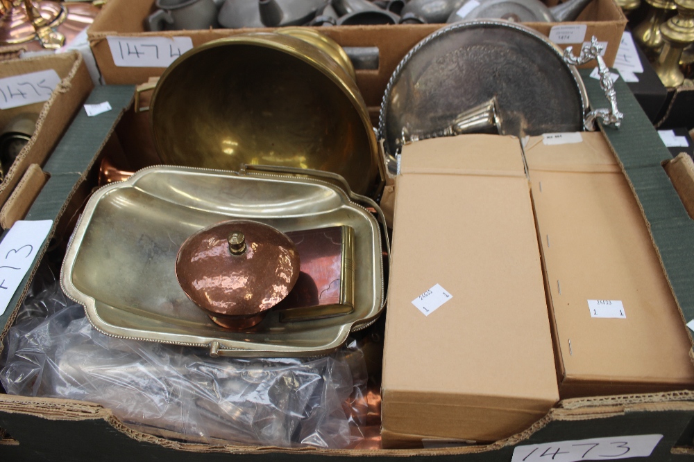 A box of assorted metalware, including pewter, EPNS, silver, cut glass salts, etc