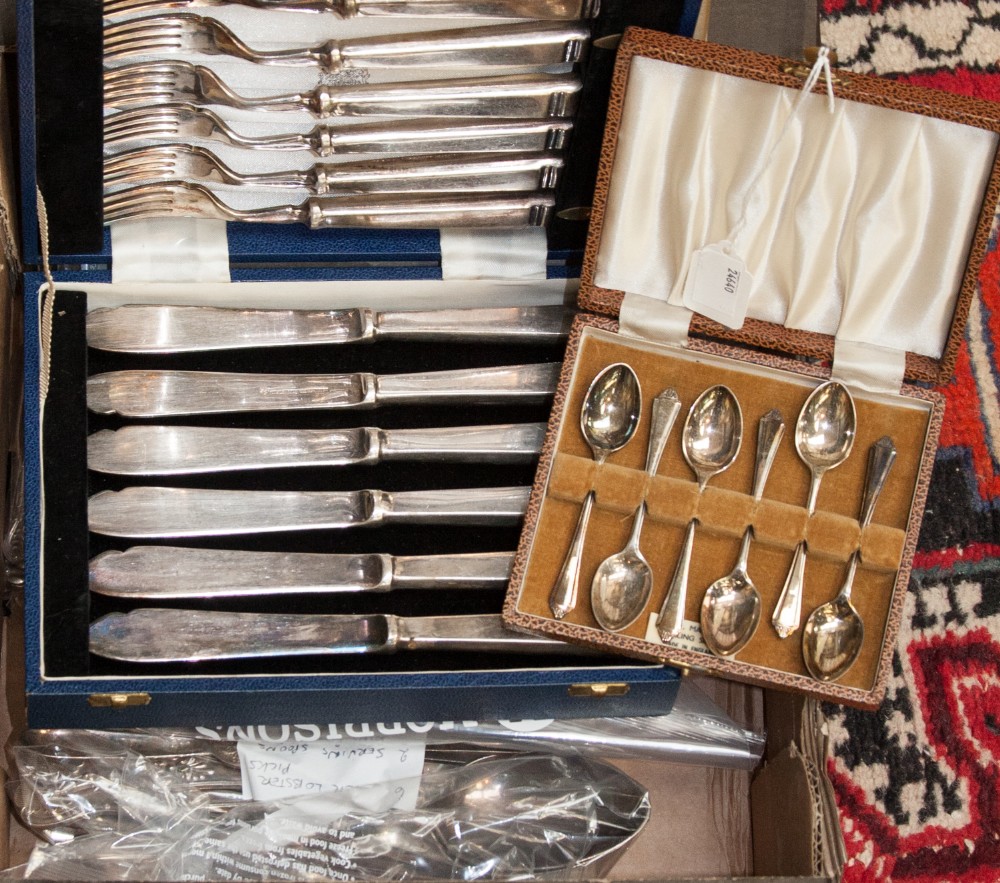 A cased set of six silver coffee spoons; together with cased and loose cutlery and flatware