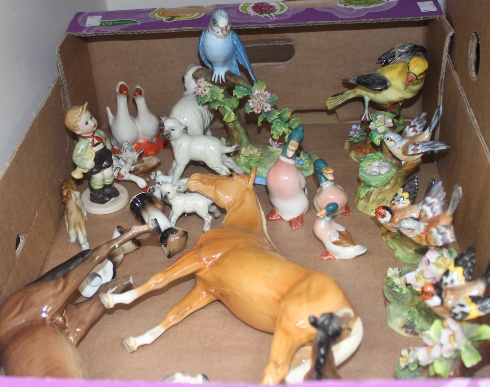 A box of Beswick Horses, Sheep, Goebel style Boy (No. 903) and other Crown Staffordshire and Beswick