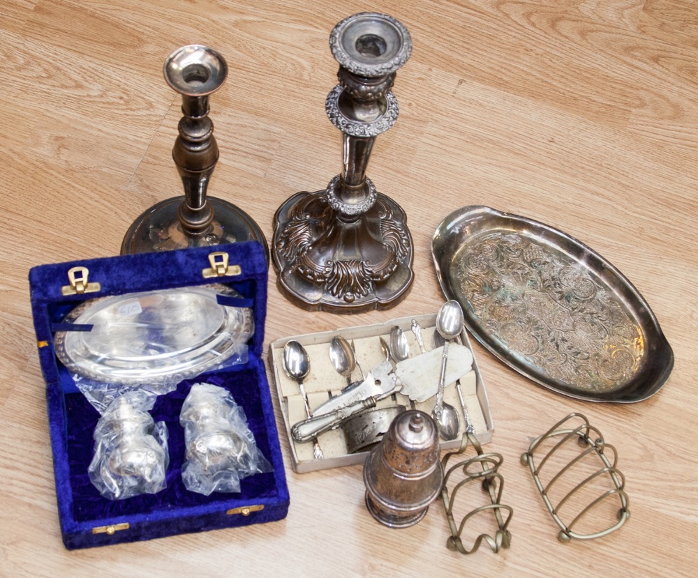 Two Old Sheffield plate (early 19th Century) candlesticks; together with other EPNS and plated wares