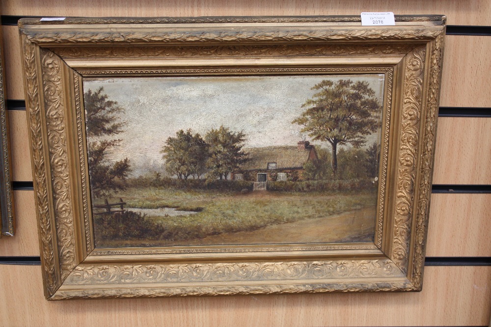 A framed oil on board, thatched rural cottage, indistinctly signed, dated 1895