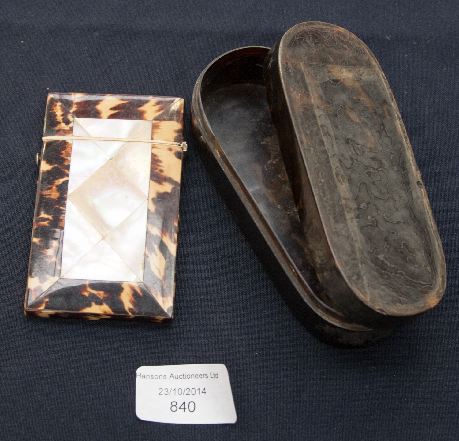 A mother of pearl and tortoise shell card case, with tortoise shell style oval box and cover