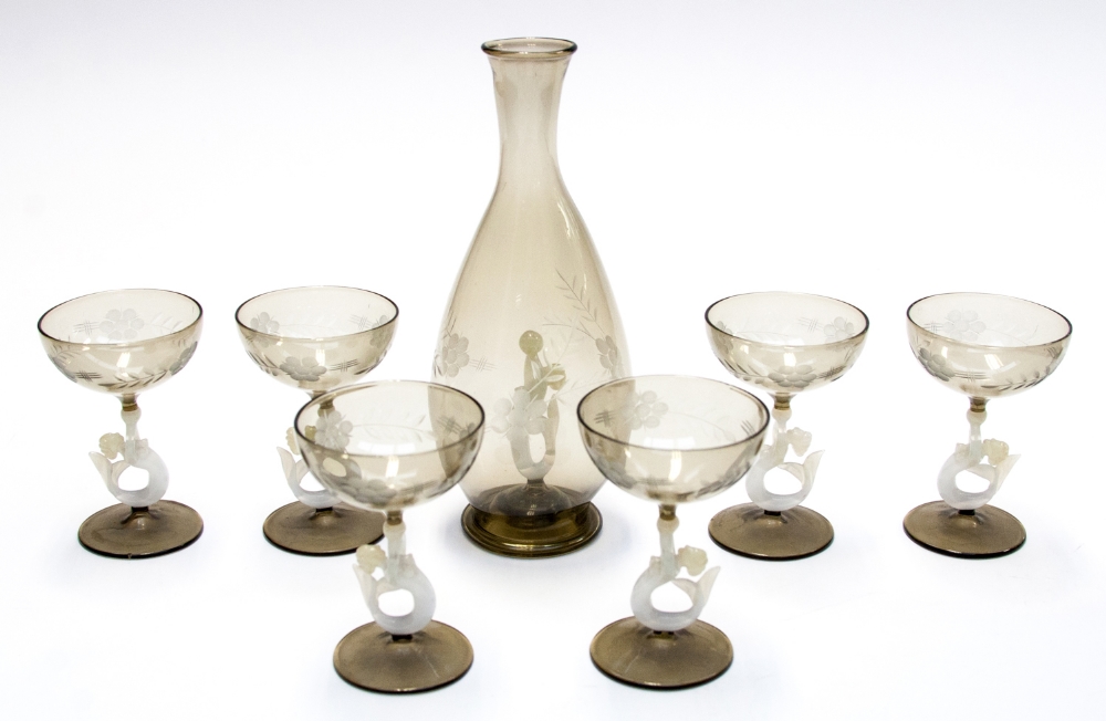 A 1950s Italian glass liqueur or cocktail set, smoked glass with opaline figural stems in the form