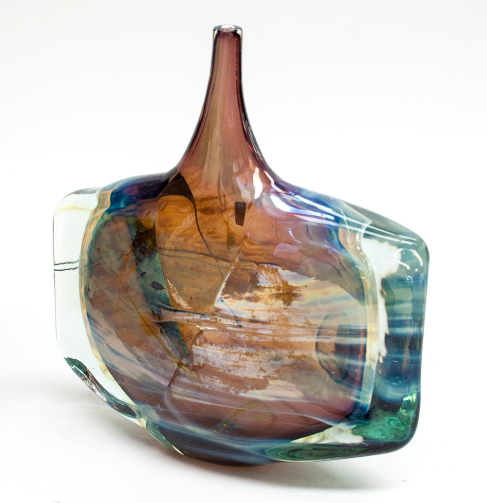 A large Mdina fish vase, designed by Michael Harris, 1974, signed by the artist and dated, moulded