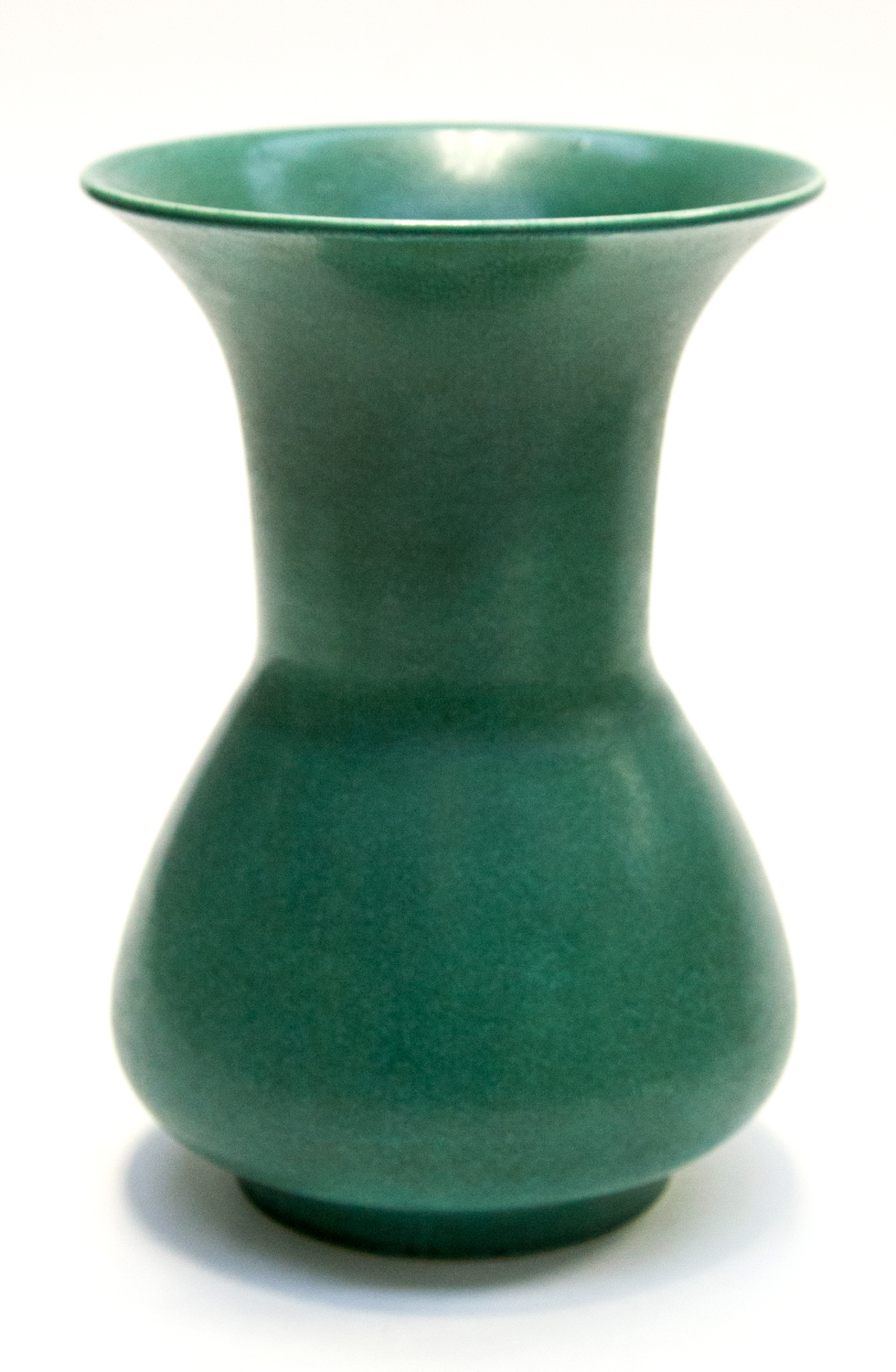 A Ruskin vase, 1908, matte green mottled glaze, of flared, bulbous form, 21.5cm high