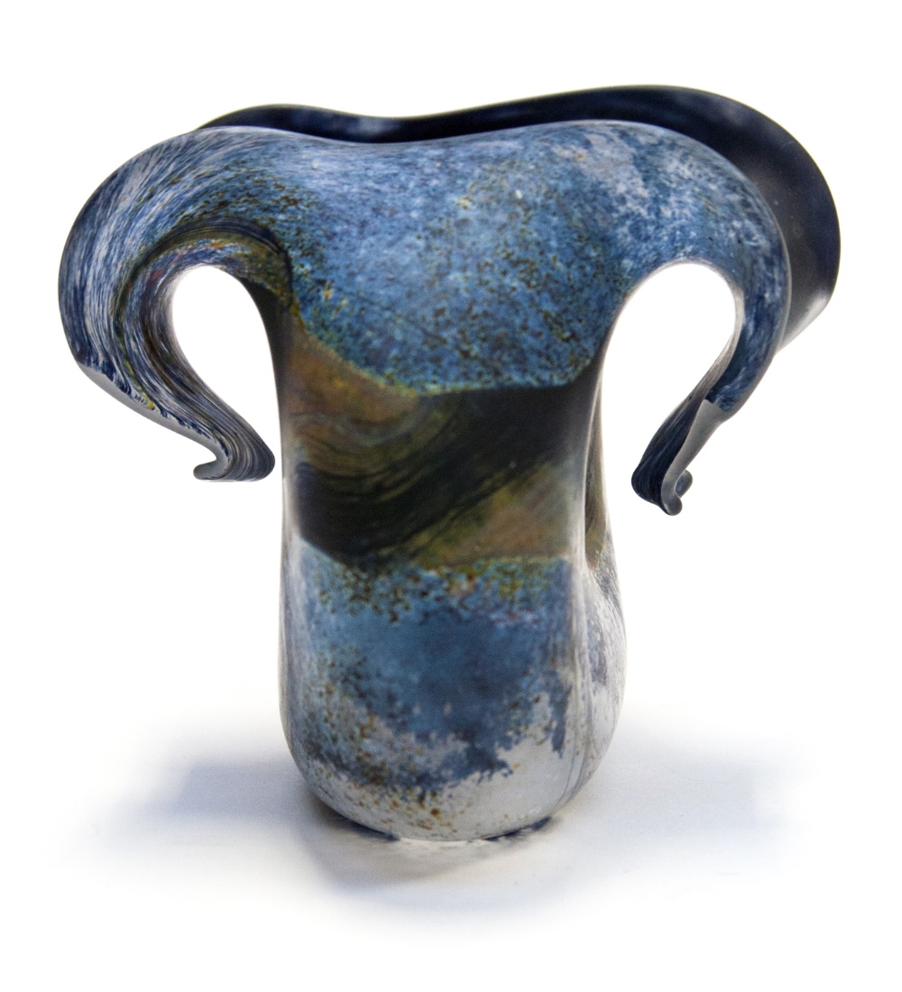 Peter Layton, an studio glass vase of pinched ovoid form with folded lip, mottled iridescent blues