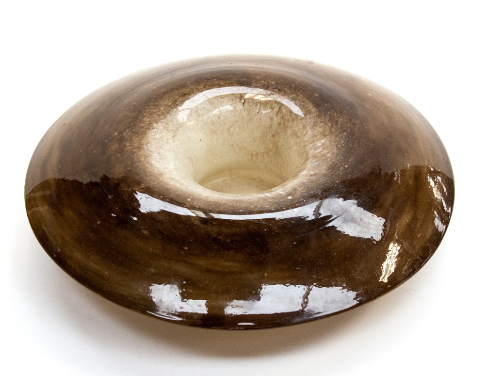 A Whitefriars cloudy glass posy bowl, mottled brown and cream, circa 1937, of mushroom form, pattern