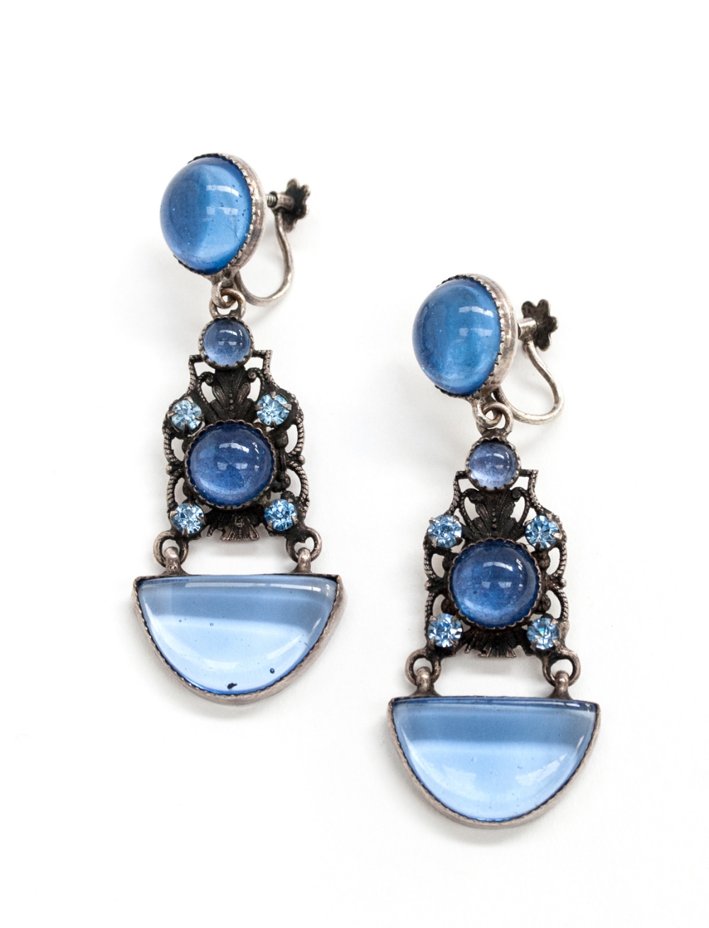 A pair of French Art Deco silver and paste earrings, of linked drop form set with blue cabochons ,