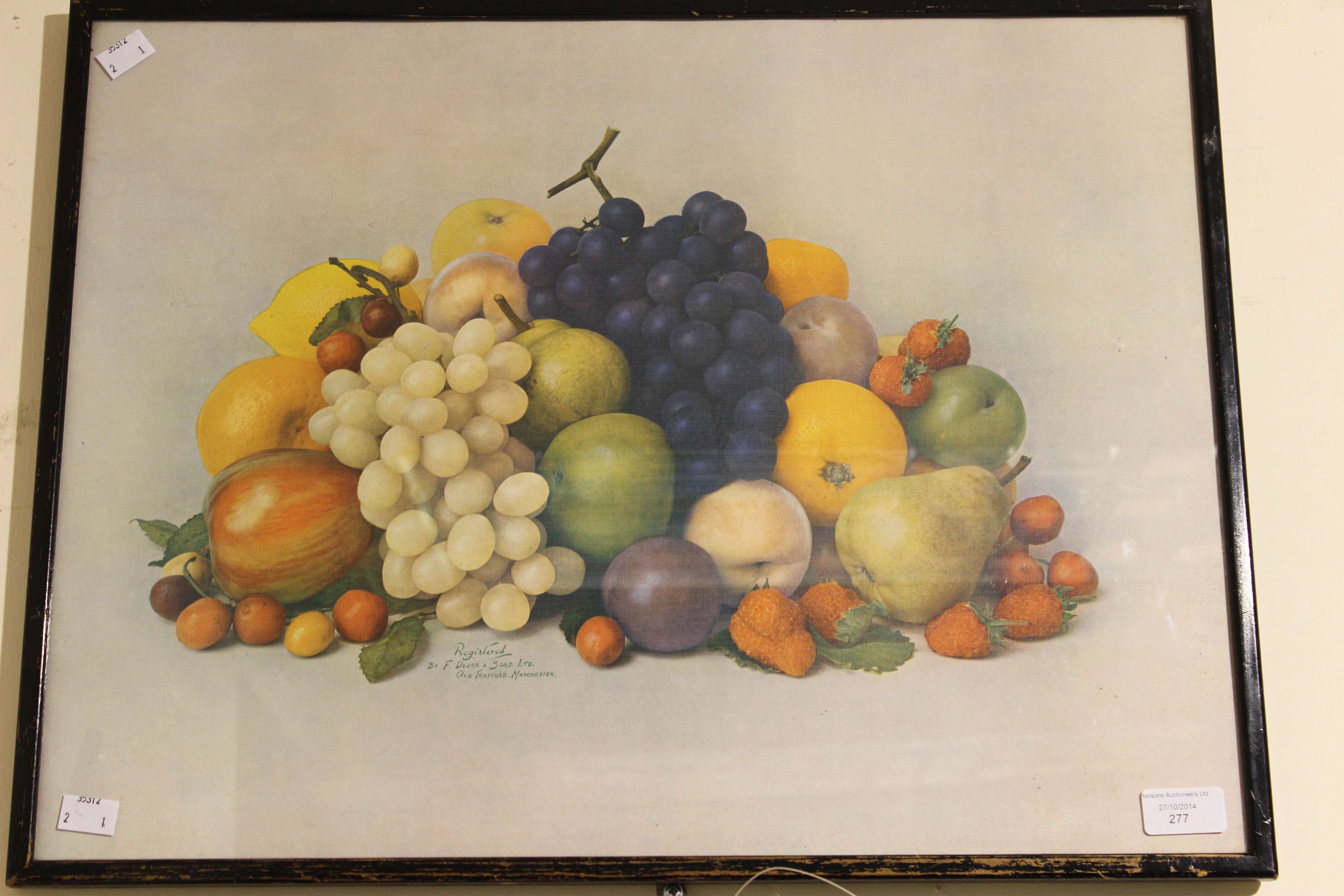A 'Duerr Jam' 1950s advertising poster, a bunch of fruit, registered by F Duerr & Sons Ltd, Old