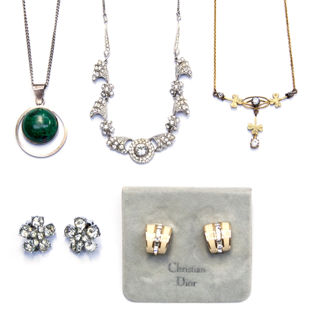 A pair of Christian Dior paste earnings, circa 1950s, together with a modernist malachite and