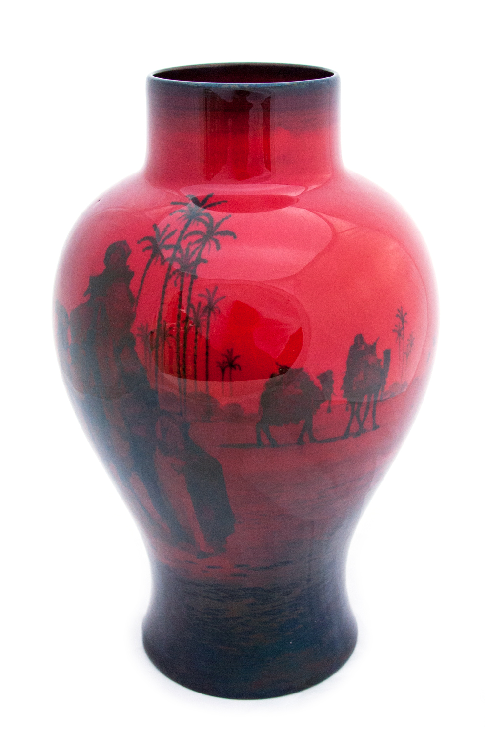 A Royal Doulton Flambe vase, Arabs on camel back with palm trees, baluster form, printed marks,