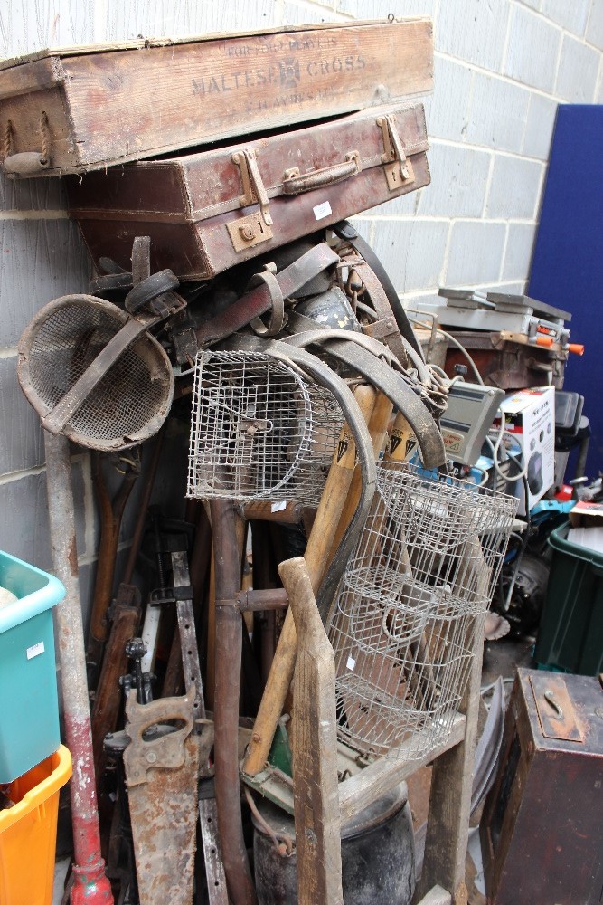 Contents of a shed comprising of garden tools, harness, suitcases, hand pump air rifles, rat