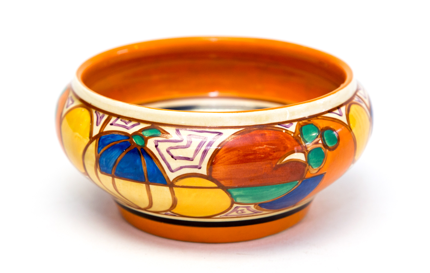 A Clarice Cliff Melon pattern Ivor shape bowl circa 1930, painted fruit between orange and black