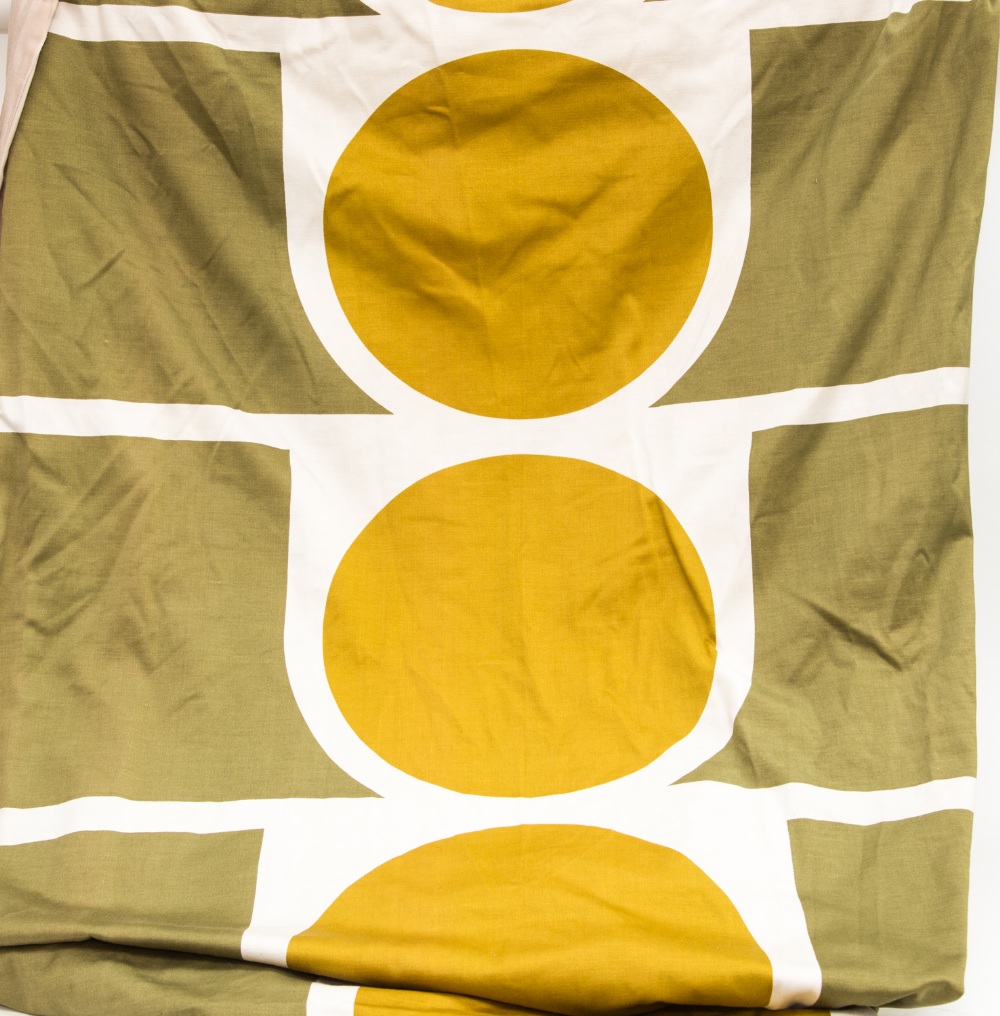 Peter McCulloch for Heals, a pair of 'Project' pattern curtains designed 1965, mustard green circles