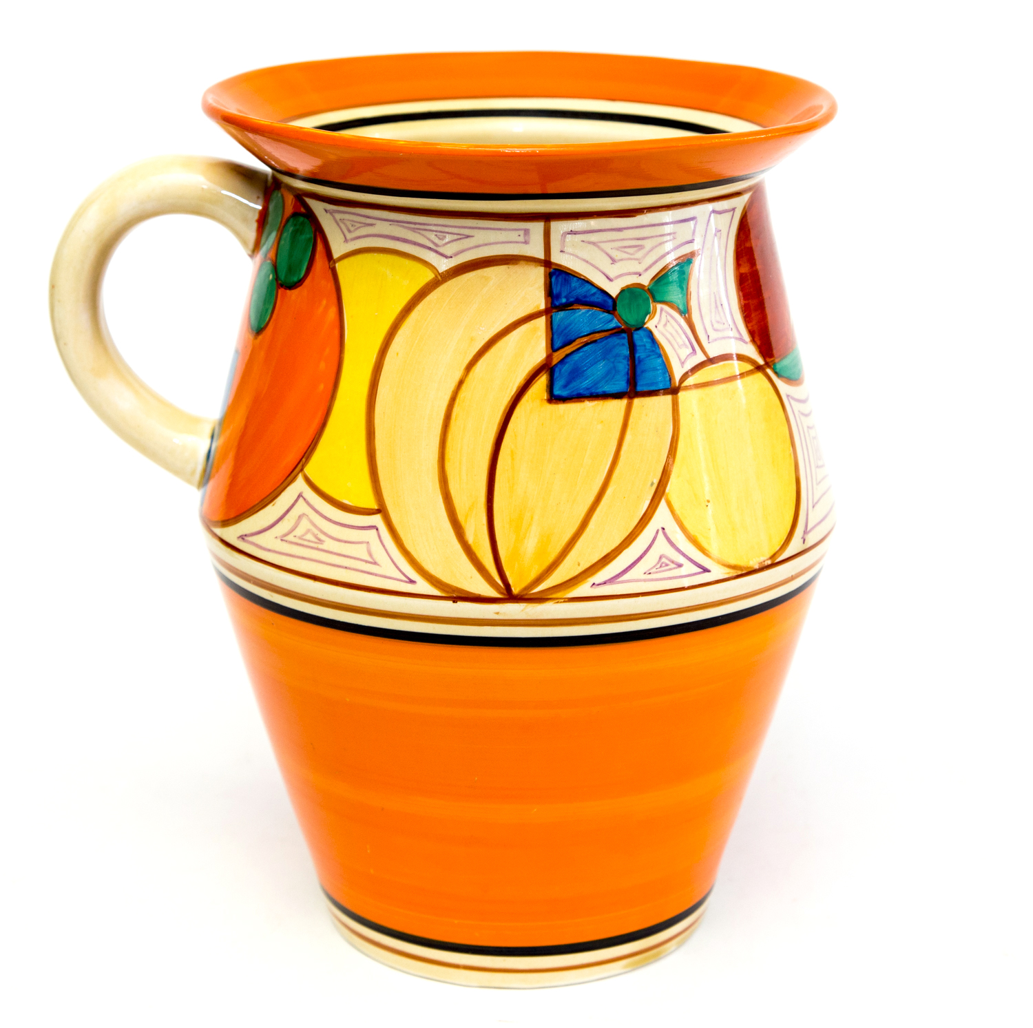 A Clarice Cliff Melon pattern Tolphin jug, circa 1930, painted with a deep band of geometric fruit