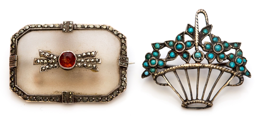 An early 20th century Scandinavian silver and turquoise brooch, in the form of a basket of