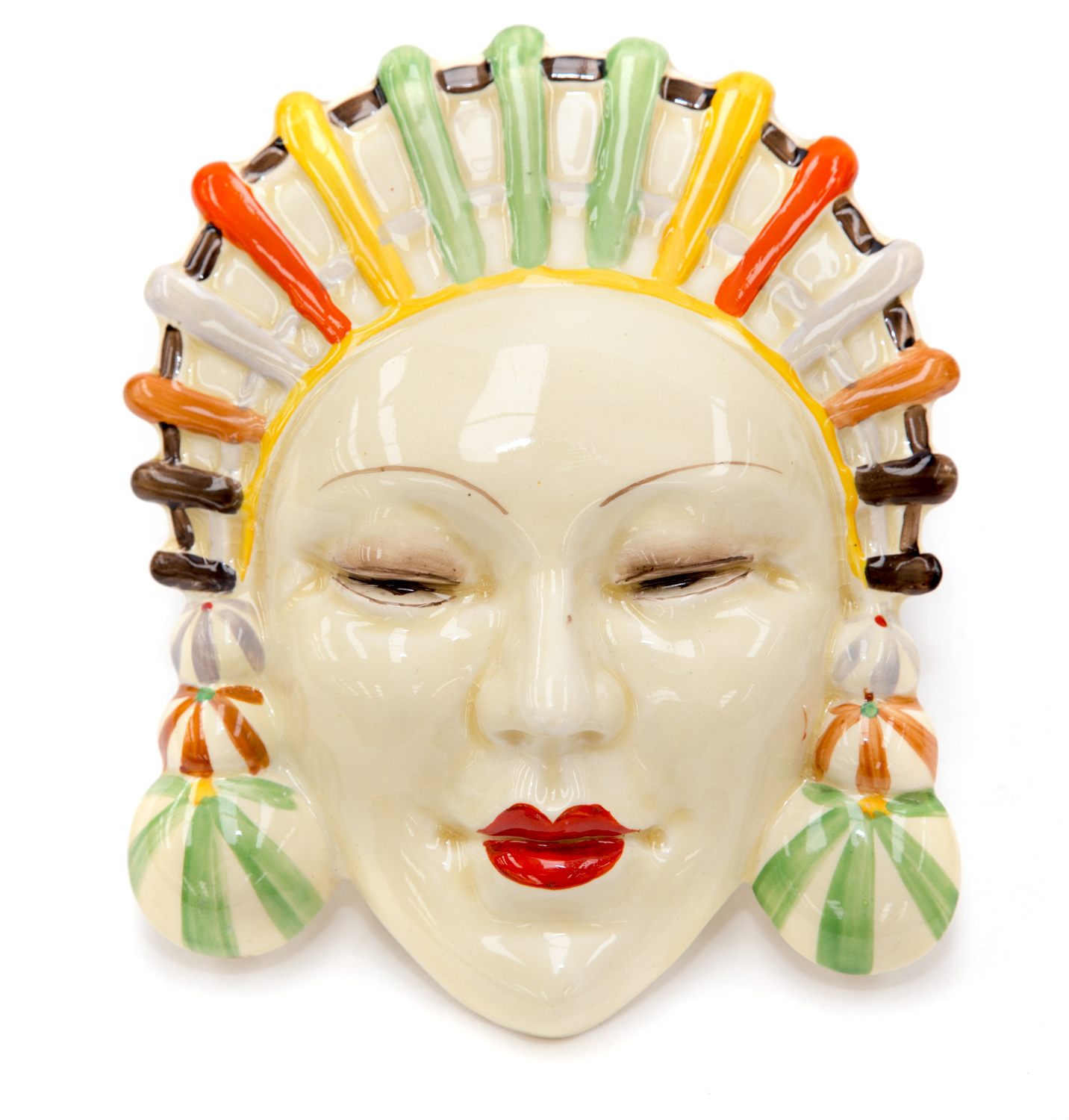 A Clarice Cliff Wilkinson's wall plaque moulded as an Oriental Lady wearing a headdress, printed
