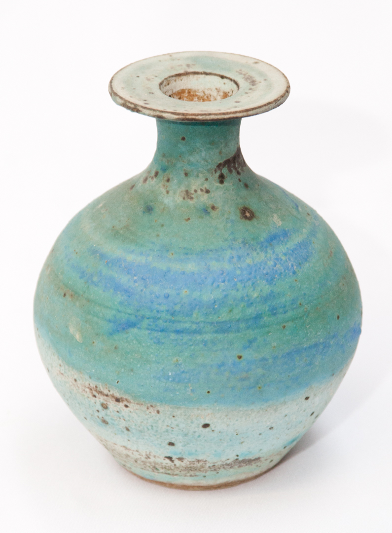 A studio pottery vase, Peter Lane, circa 1966, necked ovoid form matt turquoise glaze, impressed