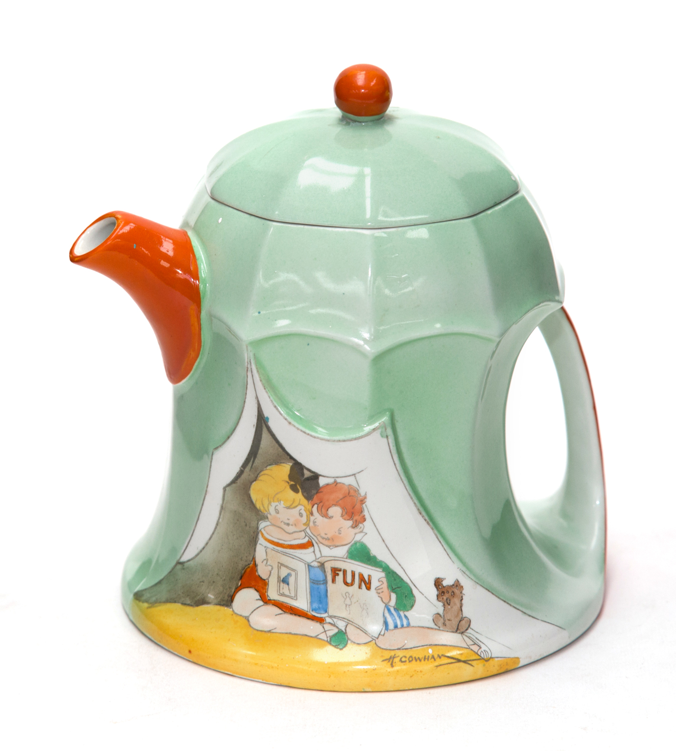 A Shelley Nursery teapot designed by Hilda Cowhan circa 1930, modelled in the form of a tent, the