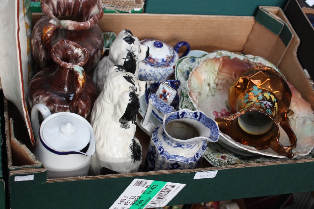 Three boxes of 19th and 20th century ceramics and glassware including a copper lustre jug and