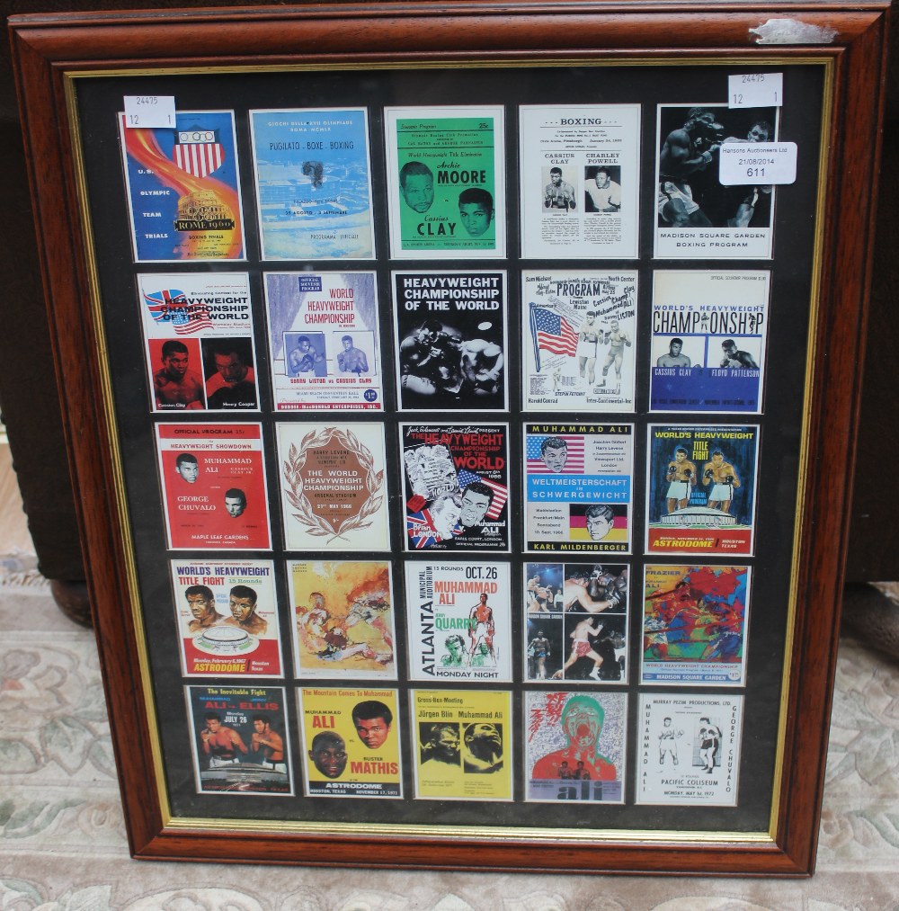 A framed collection of 25 trade cards, all relating to Muhammad Ali, all individually mounted and