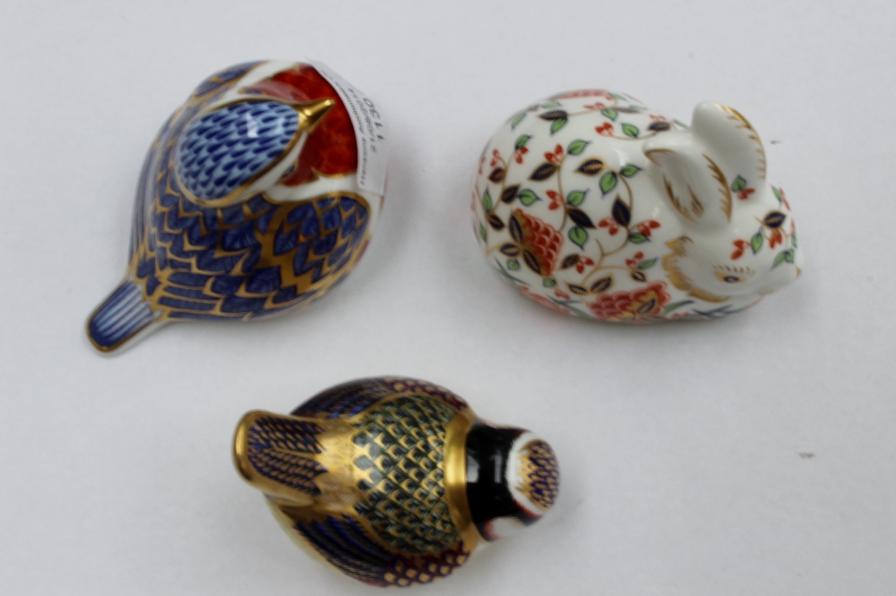 Royal Crown Derby paperweights with gold stoppers, 'Robin', 'Rabbit' and 'Finch' (3)