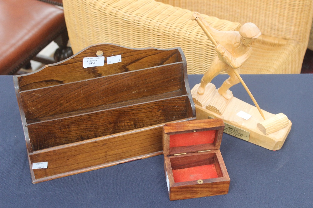 A collection of assorted treen, comprising mahogany box, letter rack, box, eastern lidded box,