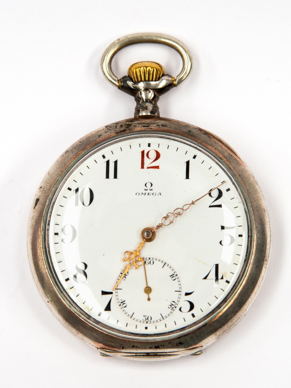 An early 20th century Omega pocket watch in a white metal case, the enamel dial with Arabic numerals