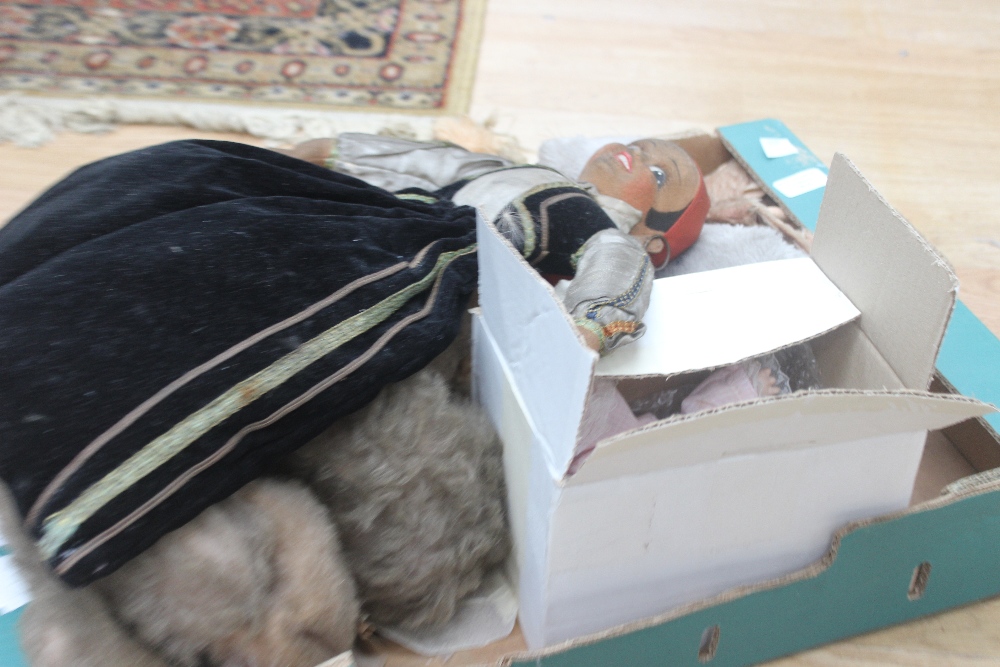 A collection of Alpha Farnell stuffed teddy bears, comprising a 1930s monkey, a doll dressed in